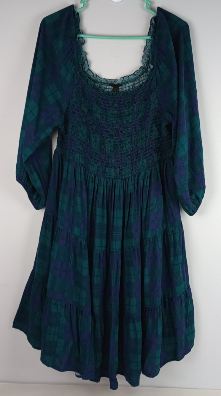 Torrid Womens 2 Green Blue‎ Checkered Smocked Bodice Peasant Sleeve Dress